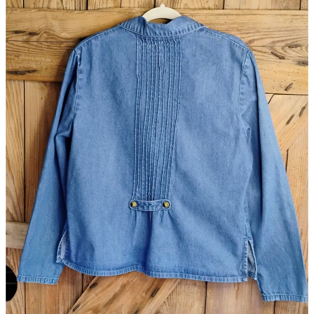 Stephanie Andrews Blue Denim Shirt Women Sz 14 Pleated 3/4 Sleeves Button Down